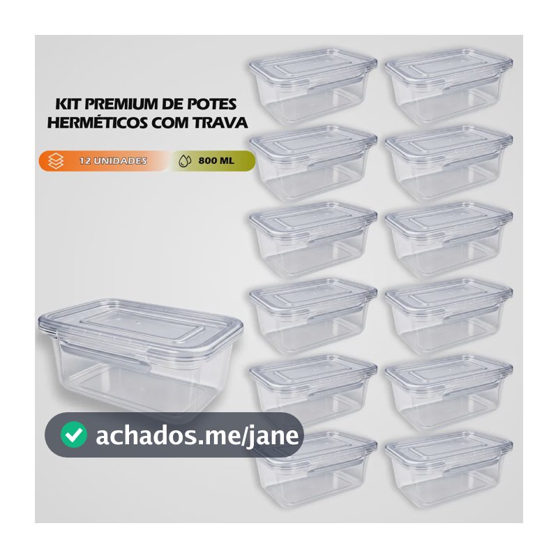 Kit 12 Marmitas 800ml Potes Trava Lateral Freezer Microondas Transparente