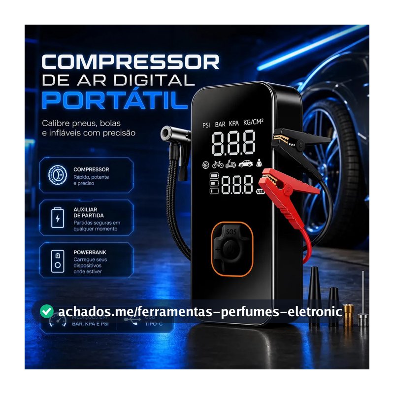 Bomba Elétrica Portátil Digital Para Encher Pneu De Carro Moto Bicicleta Inflador Automotivo Cor Preto