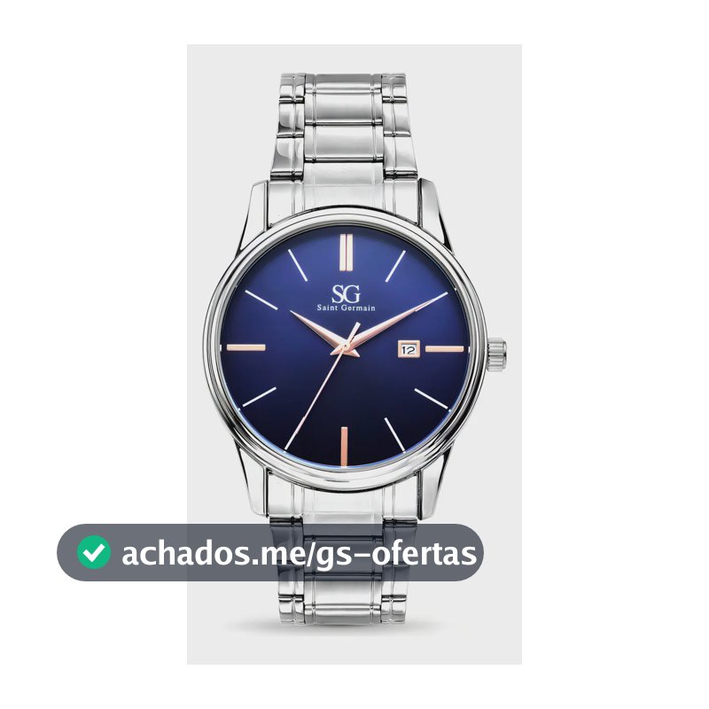 Relógio Masculino Clássico Pulseira Prata Correia Prateada Bisel Prateado Fundo Azul Marinho Saint Germain 42mm Elegante Detalhes Bronze