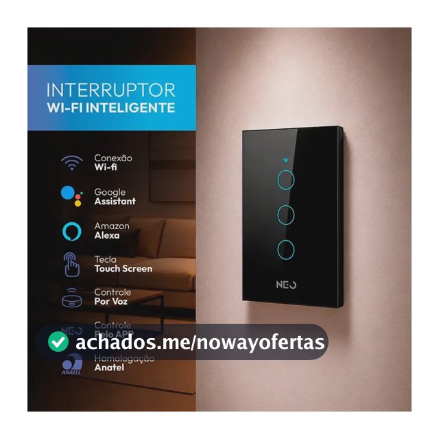 Interruptor Inteligente Wifi 4x2 Touch 3 Botões Alexa Google Cor Preto NEO by Avant