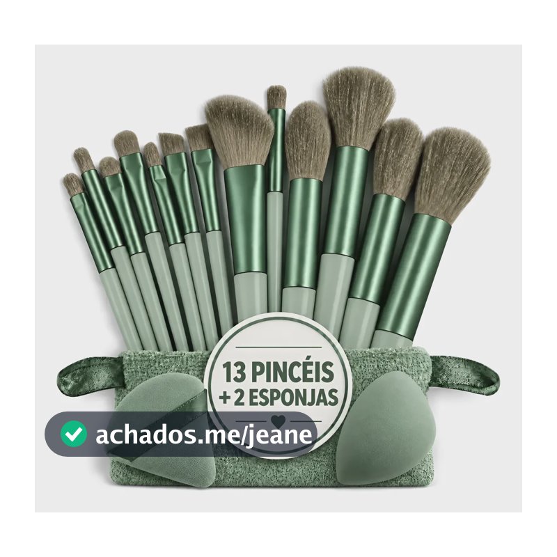 Kit Pincéis De Maquiagem 15 Peças: 13 Pincéis + 2 Esponjas Verde