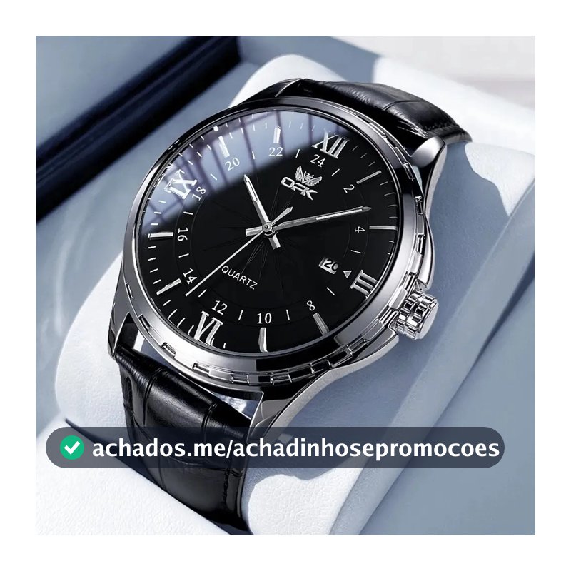 Opk Relógio Masculino Preto Couro Luminoso Quartzo 6003 Bisel Prateado
