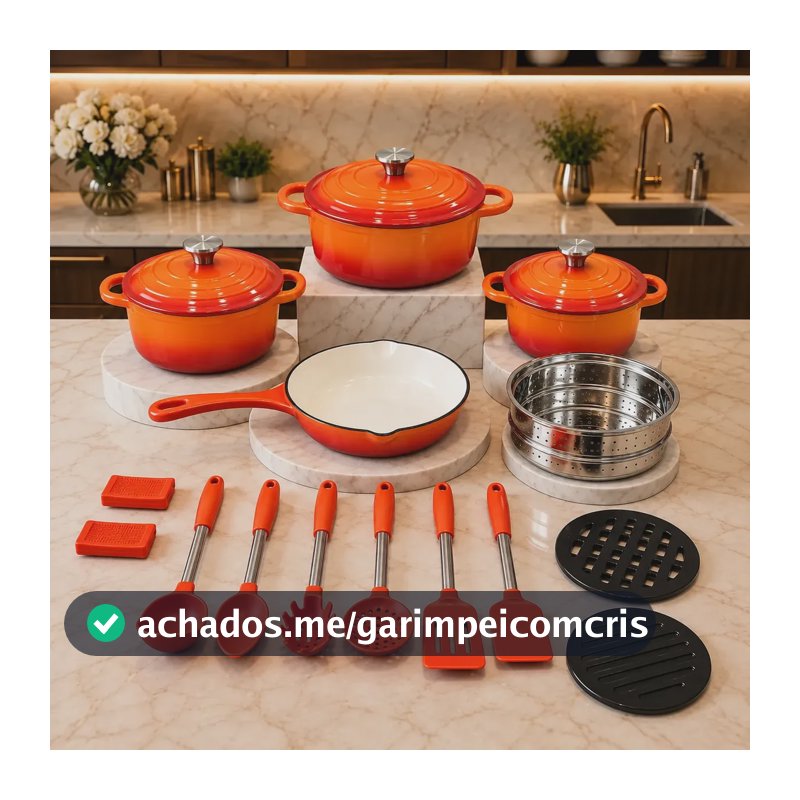 Kit Panelas Ferro Fundido 18 Peças Antiaderente Esmaltada Laranja