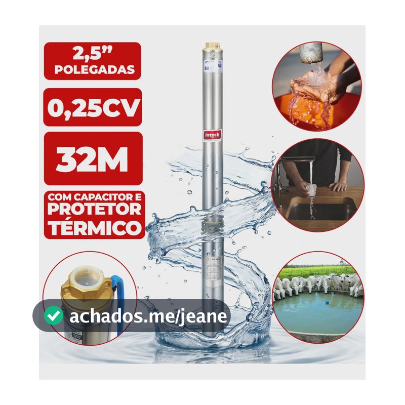 Bomba Submersa Caneta Intech Machine BSCA2 1/4 HP, para Poço Artesiano e Cisterna, de Água Limpa em Aço Inox com 2,5"