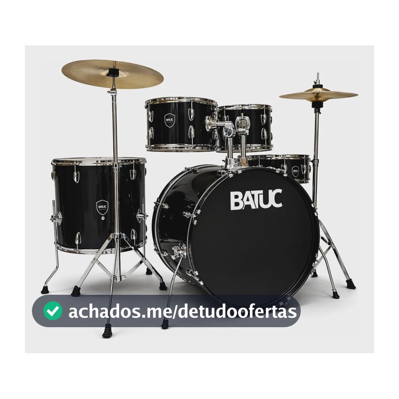 Bateria Acústica Completa Batuc Bd22 Iniciante 5 Peças Pratos Banco Pedal - Bumbo 22 Black