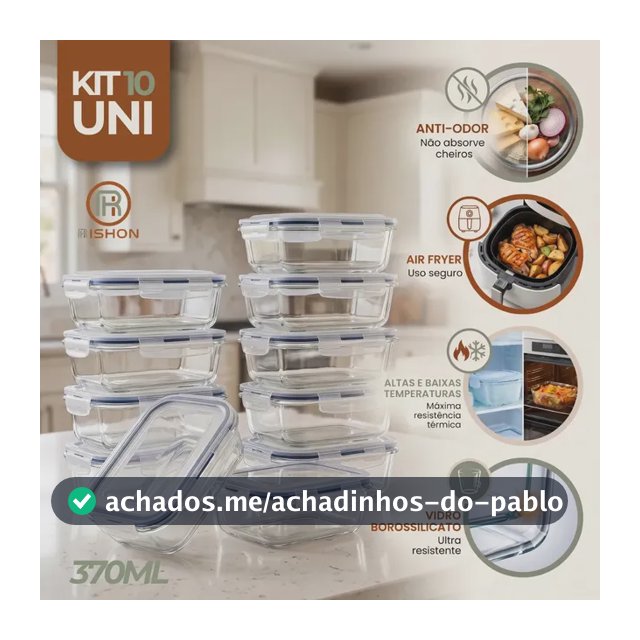 Kit 10 Pote De Vidro Marmita Hermético 370ml Freezer Fitness Rishon