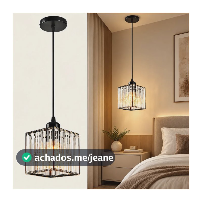 Lustre Pendente de Vidro Cristal Retangular, Luminaria Plafon E27 Cabo Ajustável 100cm, Luminária Moderna Decorativa para Bancada Ilha de Cozinha Sala de Jantar Quarto Apartamento Tieesa Preto