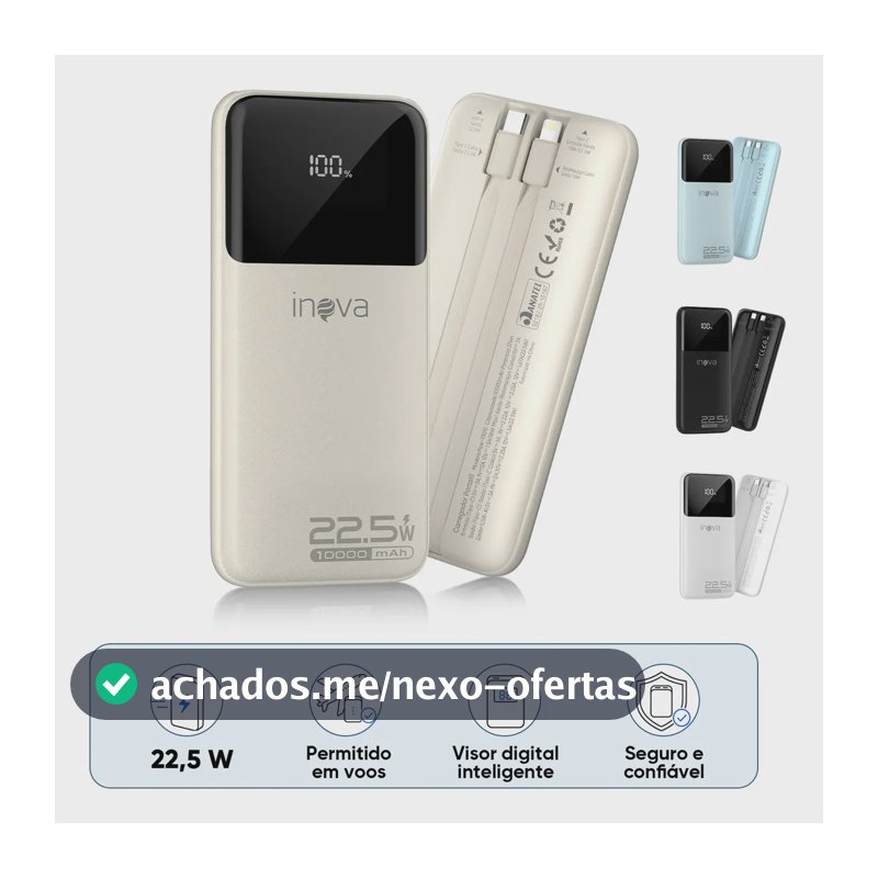 Carregador Portátil Inova Power Bank 10000mAh para iPhone e Samsung Com Carregamento Rápido de 22.5W