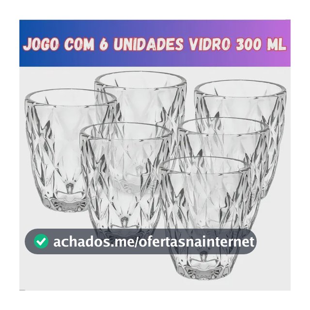 Jogo 6 Copos Vidro Diamante Grosso Resistente Agua 300ml Branco Ms Variedades