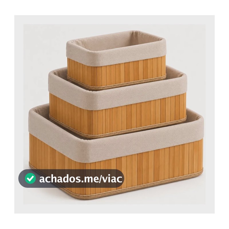 Kit 3 Cestos Organizadores De Bambu Retangulares Com Forro
