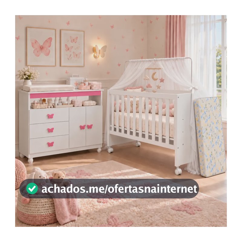 Kit Quarto Bebê Berço Americano Doce Sonho Com Colchão + Cômoda Trocador Fraldário Puxadores Borboleta Rosa
