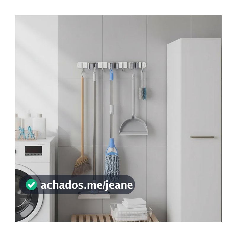 Suporte Vassoura Parede Organizador Rodo Mop Inox Ganchos Prateado