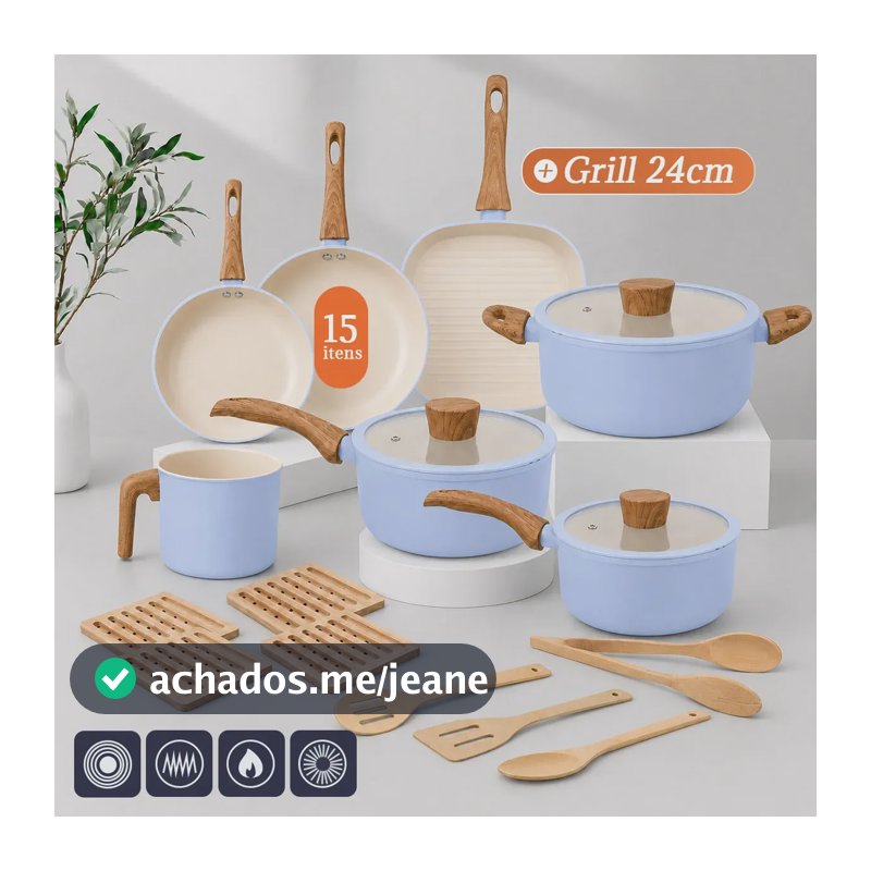 Conjunto de Panelas Tuut Neoglide Indução Com Grill e 15 Peças Antiaderente Cerâmico Azul