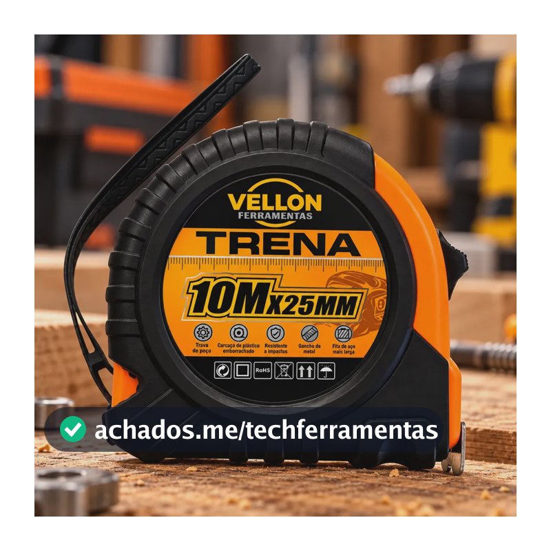 Trena Profissional 10 Metros 25mm Reforçada Emborrachada Com Trava Manual Fita Métrica 10M Retrátil Medição Fita De Aço Laranja Vellon