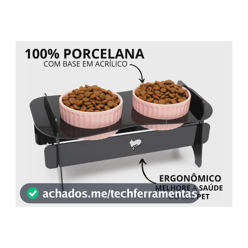Comedouro Elevado Duplo Ração Gato Porcelana Acrilico 190ml Porta Racao Gato Comedouro Rosa