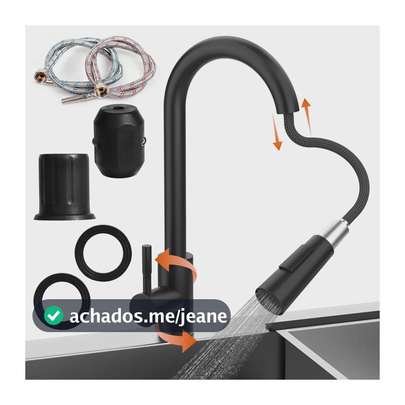 Torneira de Cozinha Gourmet Monocomando Extensível Preta em Aço Inoxidável Escovado
