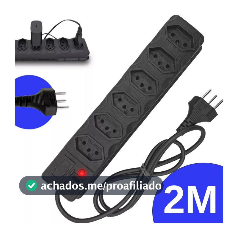 Régua Extensão Elétrica 6 Tomadas Filtro Linha 10a Cabo 2 Metros