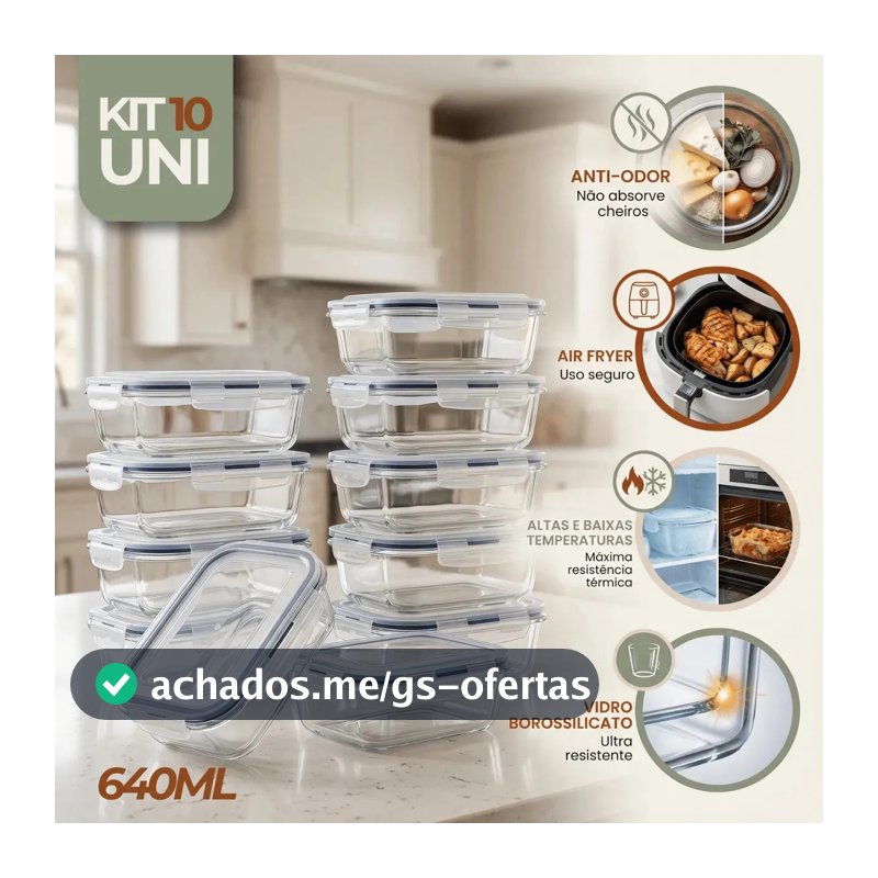 Kit 10 Pote De Vidro Marmita Hermético 640ml Freezer Fitness Rishon