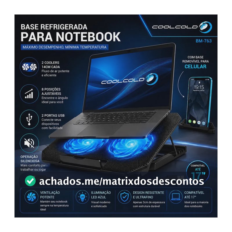 Suporte Notebook Coolcold Com 2 Cooler Ventoinhas Base Mesa Led Refrigerada Ventilação Silenciosa Cor Preto Led Azul Laptop Notebook Até 17 Polegadas