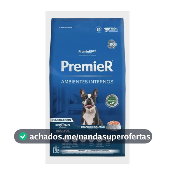 Ração PremieR Ambientes Internos Cães adulto castrados frango e salmão 12kg