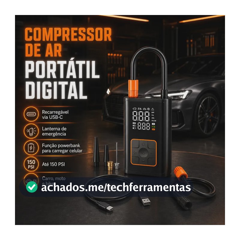 Compressor de Ar Portátil B&G USB-C Sem Fio Preto para Carro Bike Moto 150psi