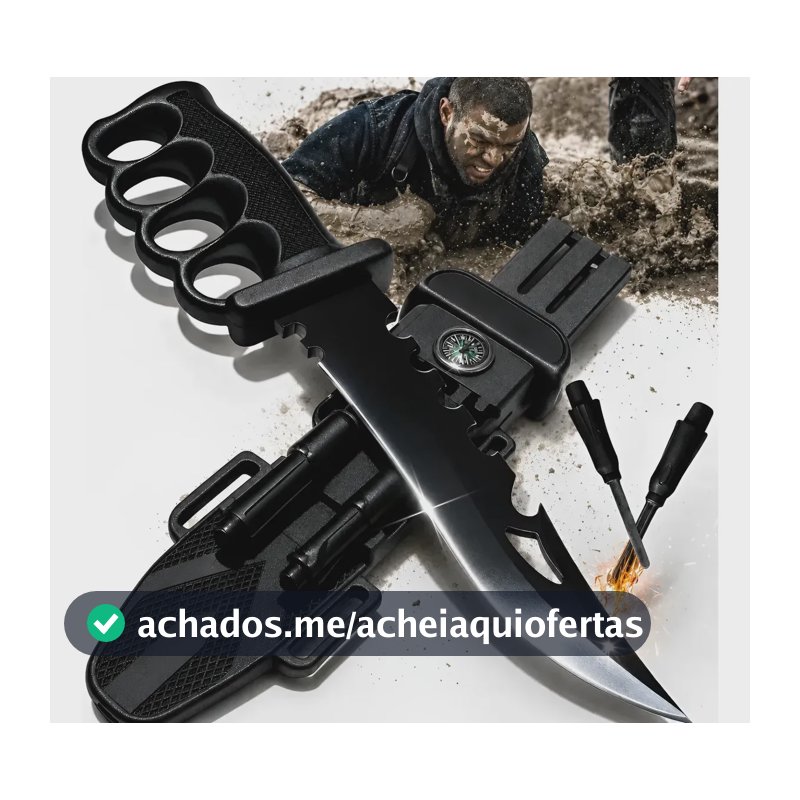 Faca Tática Sobrevivência 33cm Aço 440c Ultra Afiada Com Soco Inglês Bússola Apito Pederneira Afiador Bainha Militar Camping Caça Pesca Trilha Emergência Resgate Selva Outdoor Combate