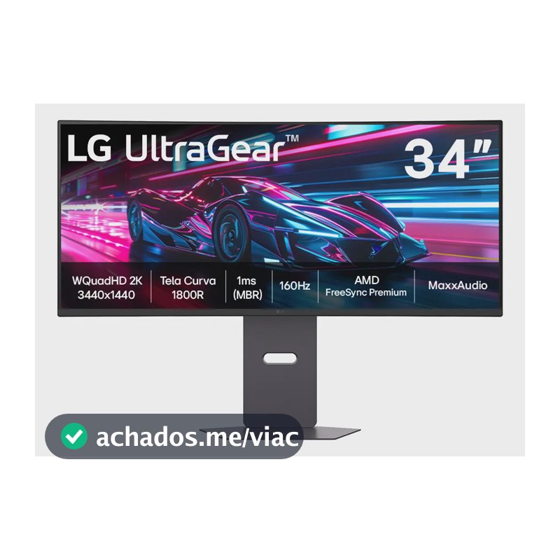 Monitor Gamer LG UltraGear Curvo 34"- QuadHD 2K, UltraWide 1800R, 160Hz, 1ms (MBR), AMD FreeSync Premium, HDR10, MaxxAudio, Preto -34G600A