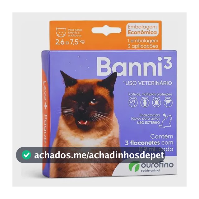 Banni3 Ourofino Antipulgas e Vermífugo para Gatos 2,6 a 7,5kg 0,9ml 3 Pipetas