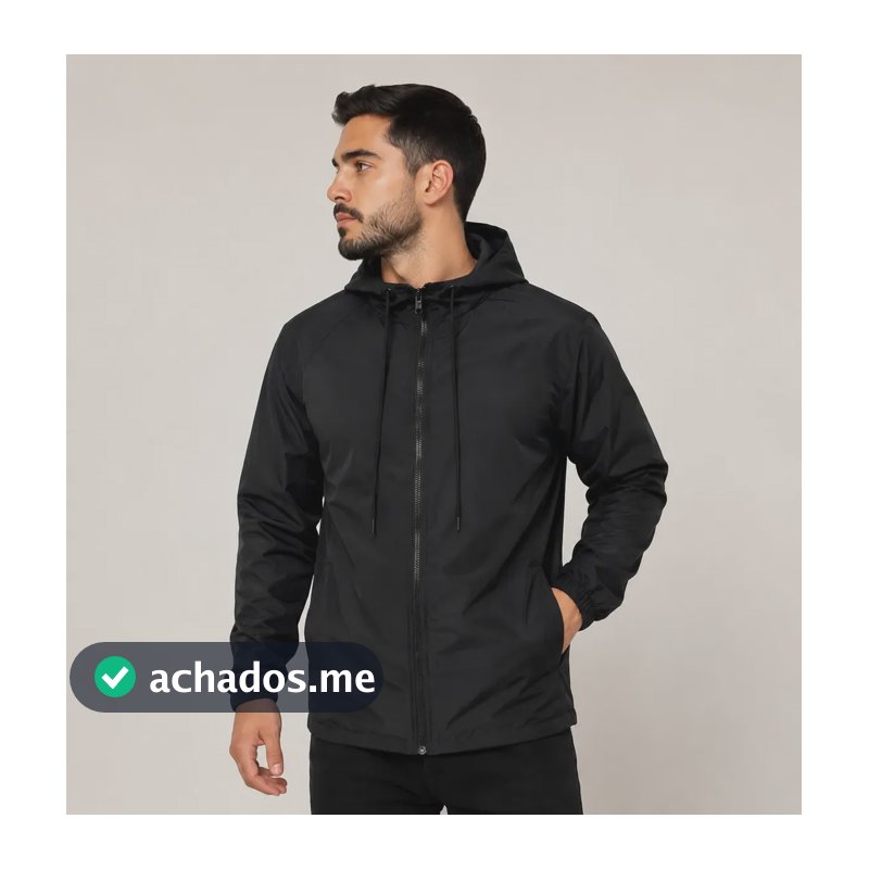 Jaqueta Corta Vento Unissex Liso Esportivo Bolsos E Capuz Preto Gg