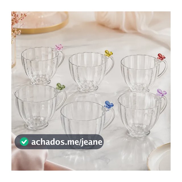 Conjunto 6 Xícaras Café Cristal Borboleta Fairy Lyor 80ml Transparente- Cristal Borboletas Coloridas