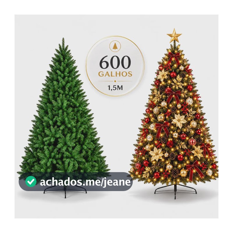 Arvore Natal 1,5 Metros 600 Galhos Volumosa Pinheiro Natalino Verde Base de Metal Reforçada e Resistente