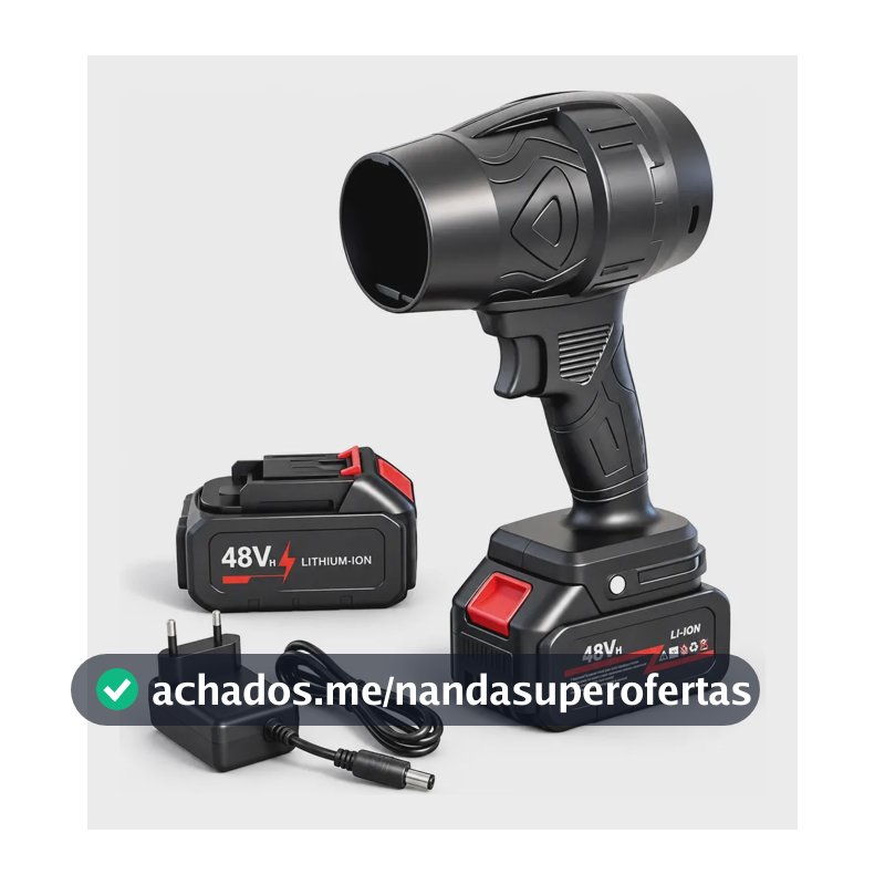 Soprador Turbo Portátil Quicko 48V 1050 W com 2 Baterias de 2 Ah 210 km/h Preto