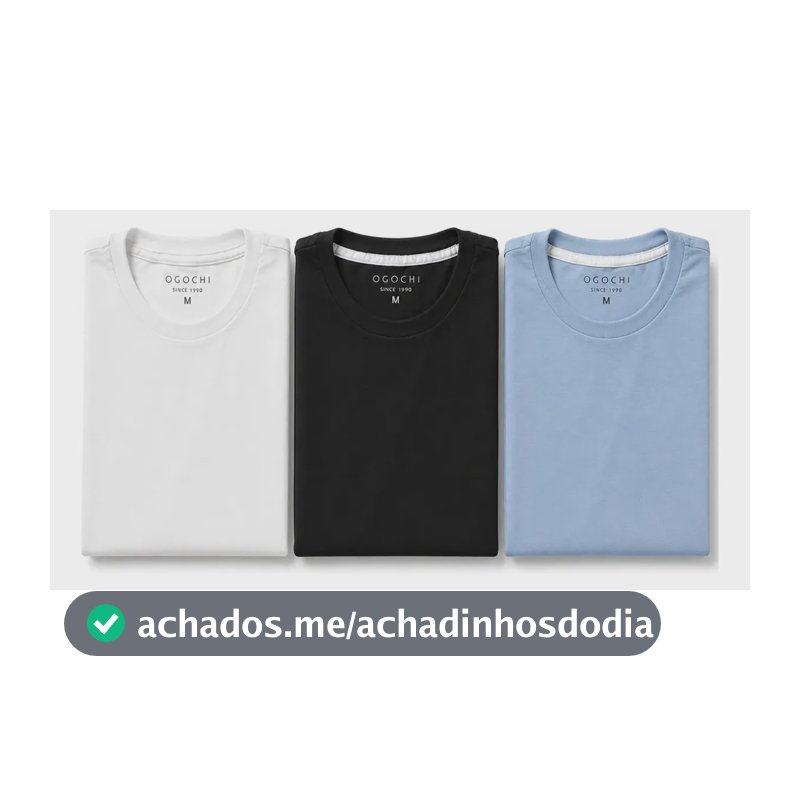 Kit 3 Camiseta Básica Ogochi Masculina Slim Original Algodão Preta | Branca | Azul Lisa M Liso