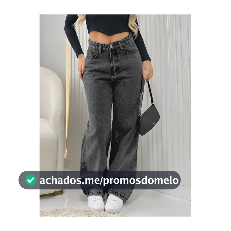 Calça Jeans Wide Leg Feminina Cintura Alta Pantalona Preto Black Marmo Liso 38