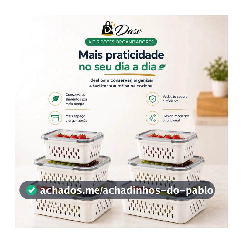 Conjunto Kit 6 Organizadores Geladeira Transparente Hermético Escorredor Cesto Frutas Alimentos Verduras Legumes Dasv