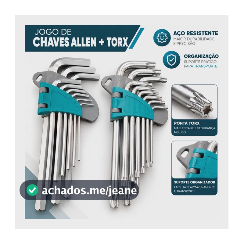 Jogo Chave Allen E Torx Longa Kit 18 Peças Profissional Aço Cromo