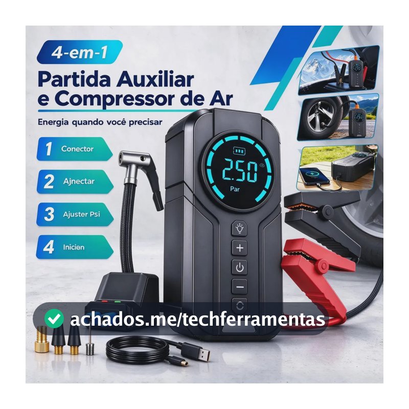 Compressor de Ar Portátil Digital 4 em 1 com Partida Auxiliar e Lanterna LED