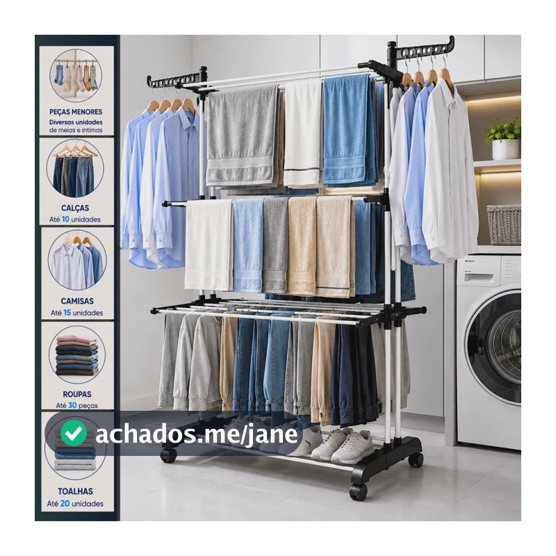 Varal De Chão Grande 3 Andares Retrátil Dobrável Com Rodinhas Roupas Lavanderia Compacto Portátil Cor Preto MARCA: KEY PAPER