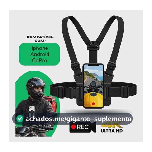 Suporte De Peito Para Celular Câmera Peitoral GoPro Gravar Pov Moto Bicicleta Esporte Compatível iPhone Android Ajustável Profissional Indue Variedades