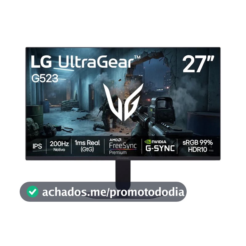 LG UltraGear Monitor Gamer 27" IPS 200Hz, 1ms (GtG), Full HD (1920x1080), HDR10, NVIDIA G-SYNC AMD, FreeSync Premium, sRGB 99%, Preto - 27G523B