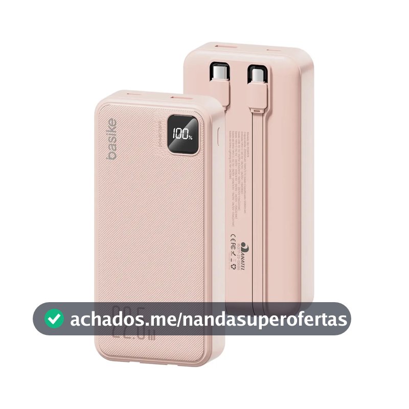 Power Bank Basike 20000mAh Rosa, Carga Rápida 22.5W para iPhone e Samsung, Com Cabos Embutidos e Display