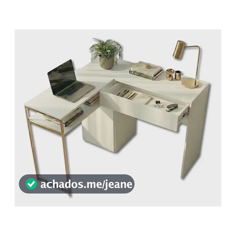 Mesa Pra Escritório Estudo Penteadeira Em L C/ Gaveta Dourado