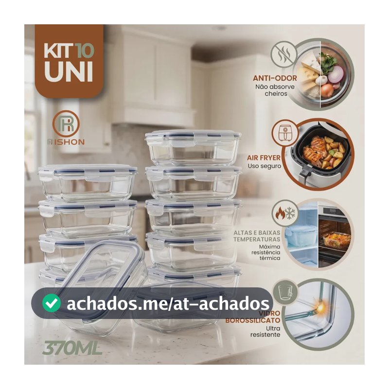 Kit 10 Pote De Vidro Marmita Hermético 370ml Freezer Fitness Rishon