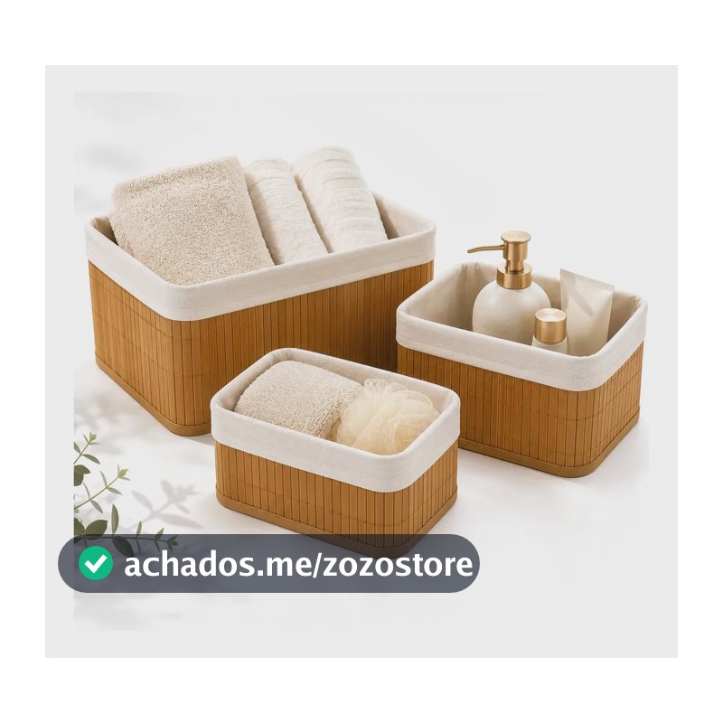 Kit 3 Cestos Organizador De Bambu Com Forro Multiuso Quarto Banheiro Escritório Ciclo Alternativa Bege