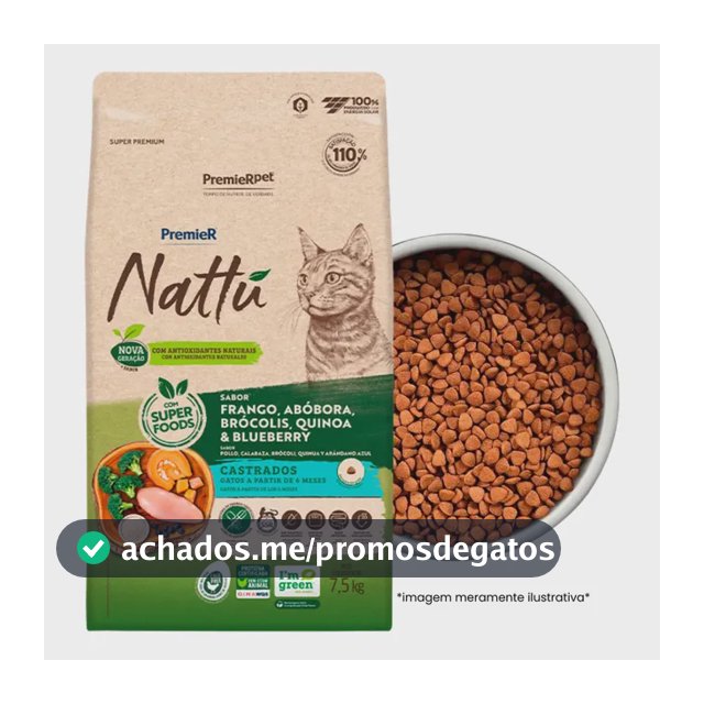 Ração Premier Nattu Gatos Adultos Castrados Abóbora 7,5kg