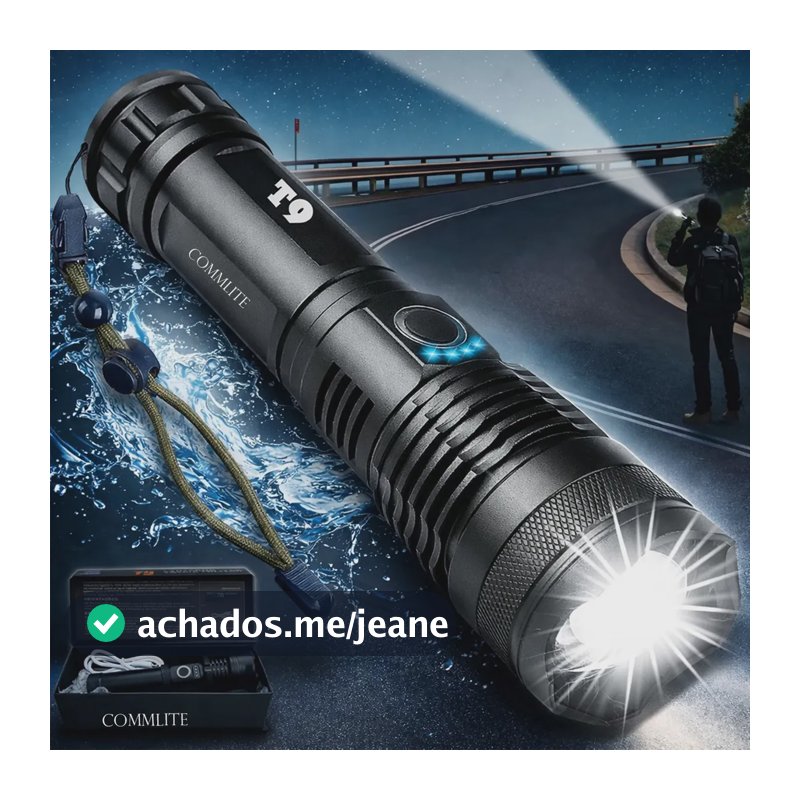Lanterna Tática T9 Mais Forte Do Mundo Led Recarregável - Potente Profissional Militar Zoom Acampamento Pesca Caça Sobrevivência Emergência Policial Segurança Prova D'água Alumínio Bateria Bivolt