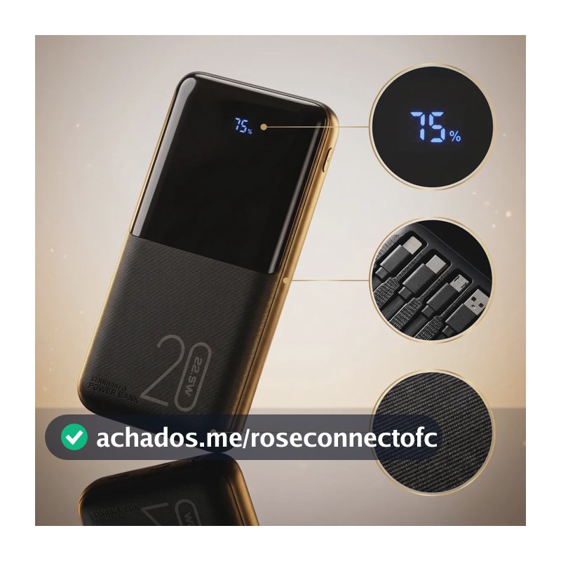 Power Bank Davely 20000mAh Turbo com 4 Cabos Integrados e Display de Bateria