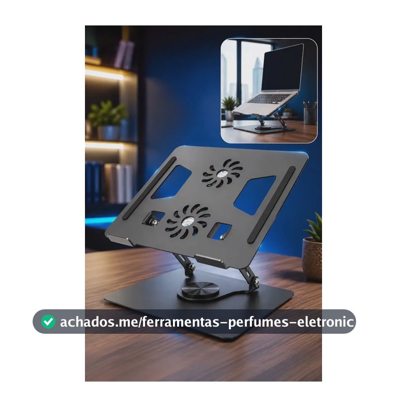 Suporte mesa pra Notebook Ajustável 360° com Cooler 2 Ventoinhas Base Ergonômica em Alumínio Refrigerada Ventilada Universal para Laptop MacBook Gamer Home Office VLX