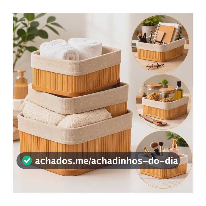 Kit 3 Cestos Organizadores de Bambu Retangulares com Forro Lavável Multiuso Organizar Casa Banheiro Cozinha Guarda-Roupa Lavanderia Armazenamento de Objetos - Nany Pink