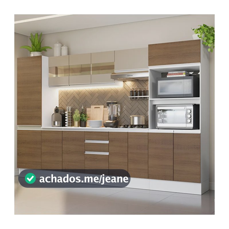 Armário De Cozinha Completa Modulada Madesa Smart 100% Mdf 300 Cm Balcão com Tampo para Cooktop Cor Branco/Rustic/Crema XAGRSM300001A9